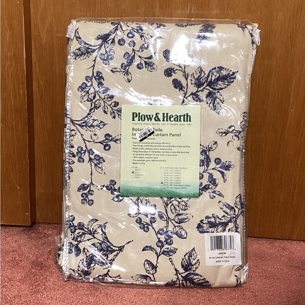 Plow & Hearth Botanical Toile Insulated Double-Lined Panel, 42 W x 96 L - Blue
